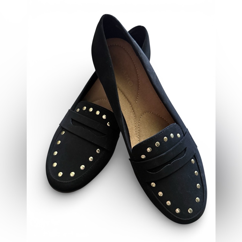 New! Andiamo Black Faux Suede Penny Loafer Studded Flat Shoes
